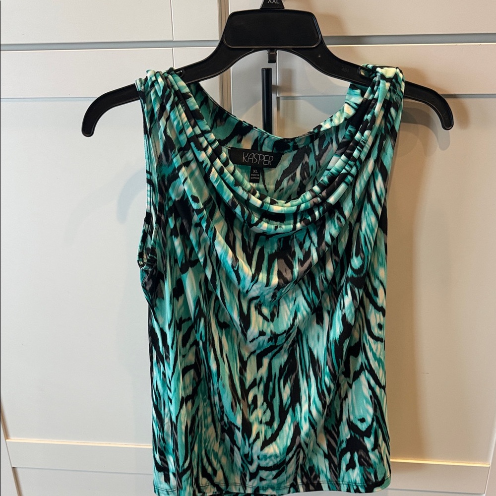 Kasper Teal and Black Animal Print Draped Cowl Neck Tank